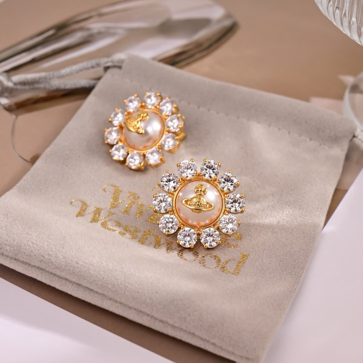 Vivienne Westwood Gold Tone Crystal Stud Earrings